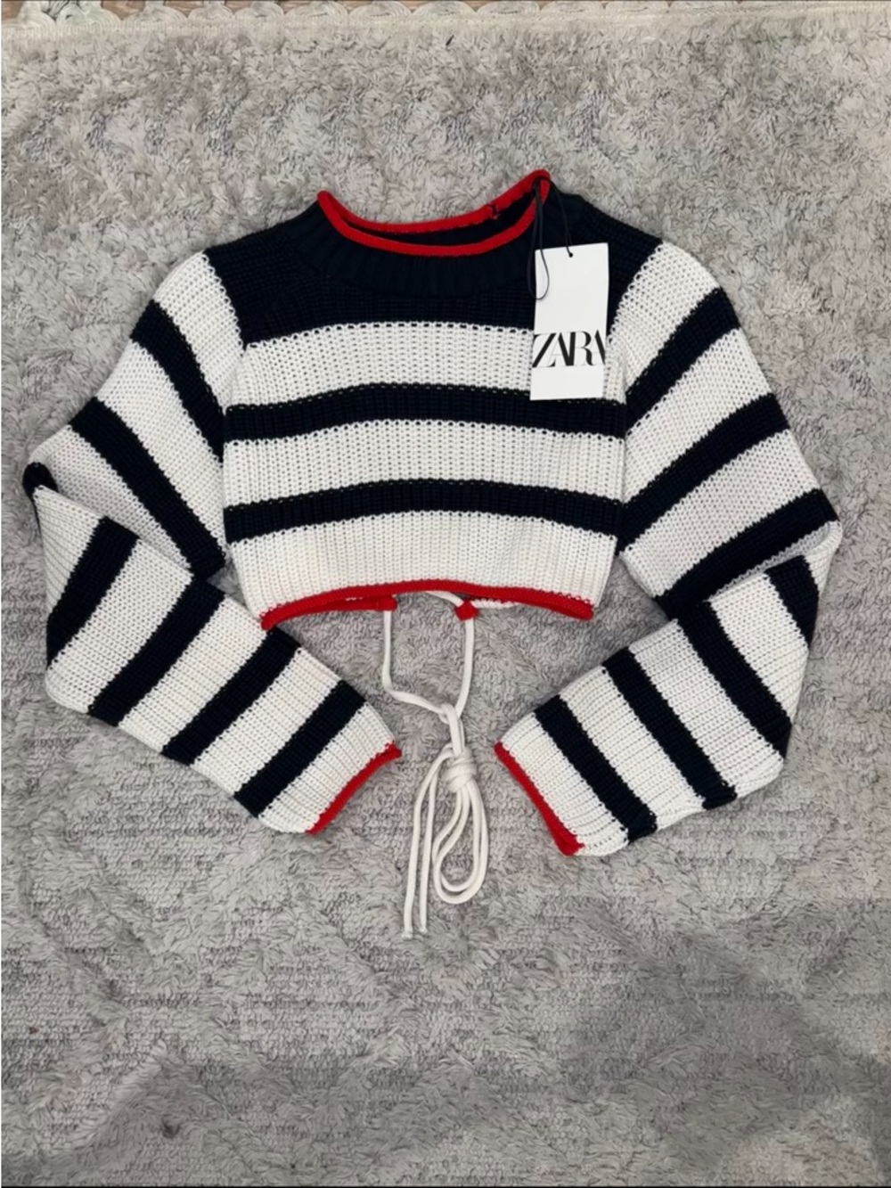 NWT Zara Navy & White Striped Cropped Knit Sweater with Red Trim